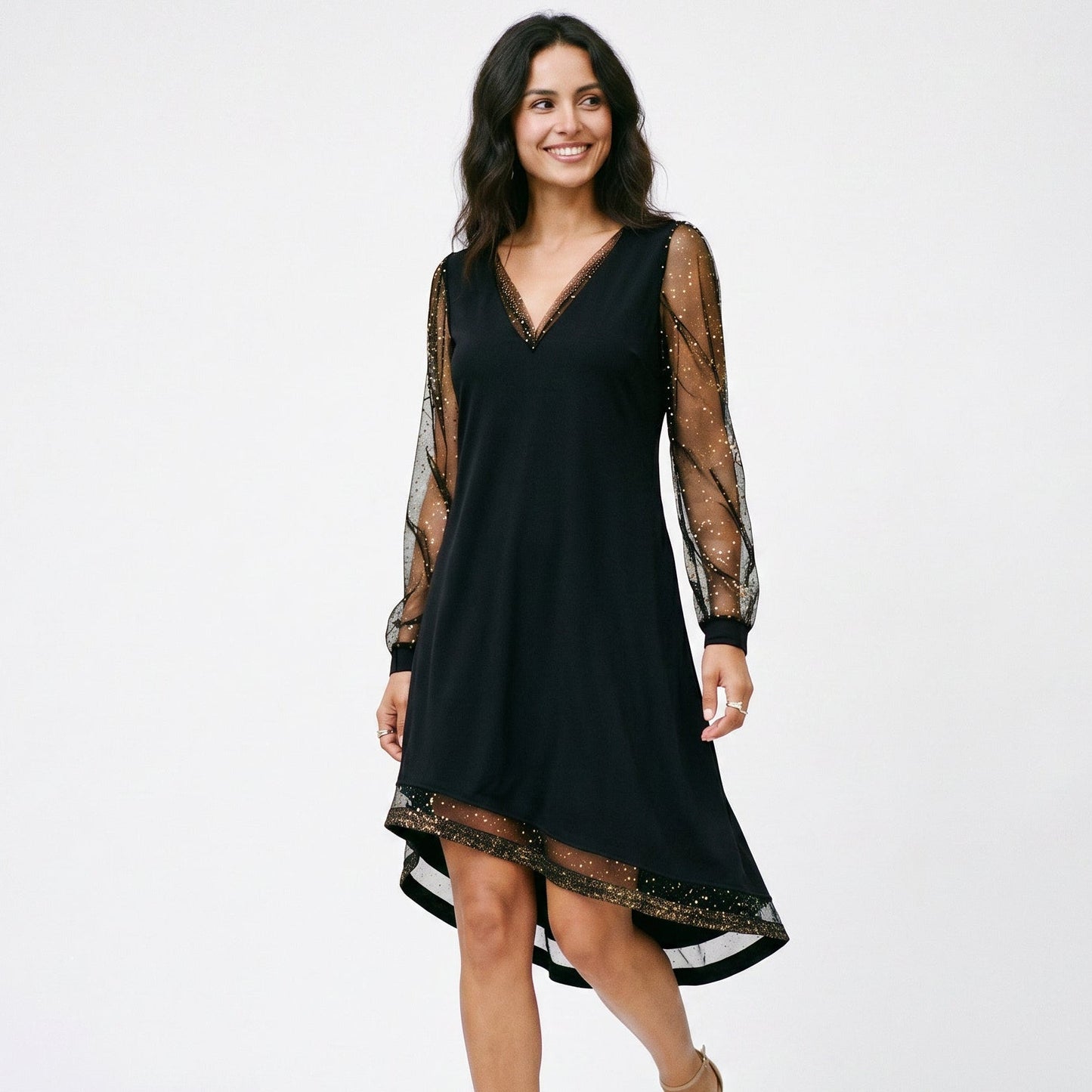 Matilda - Elegant Black Mini Dress with Sheer Sleeves