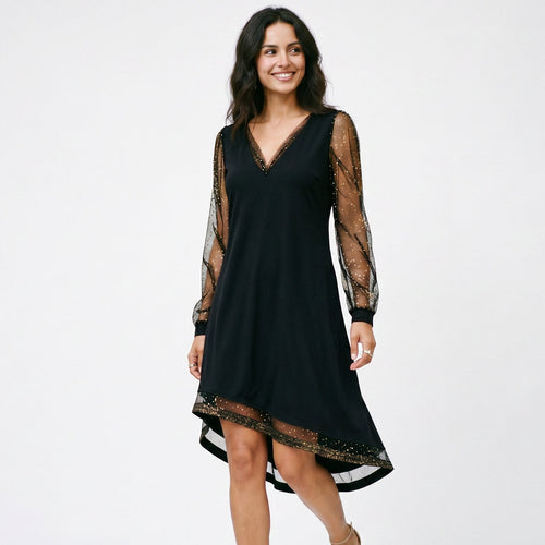 Matilda - Elegant Black Mini Dress with Sheer Sleeves