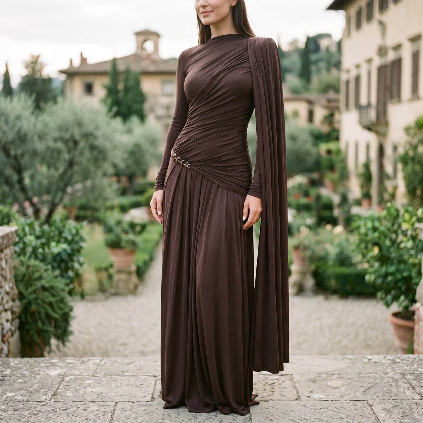 Mia - Elegant Fitted Maxi Dress with Draped Panel