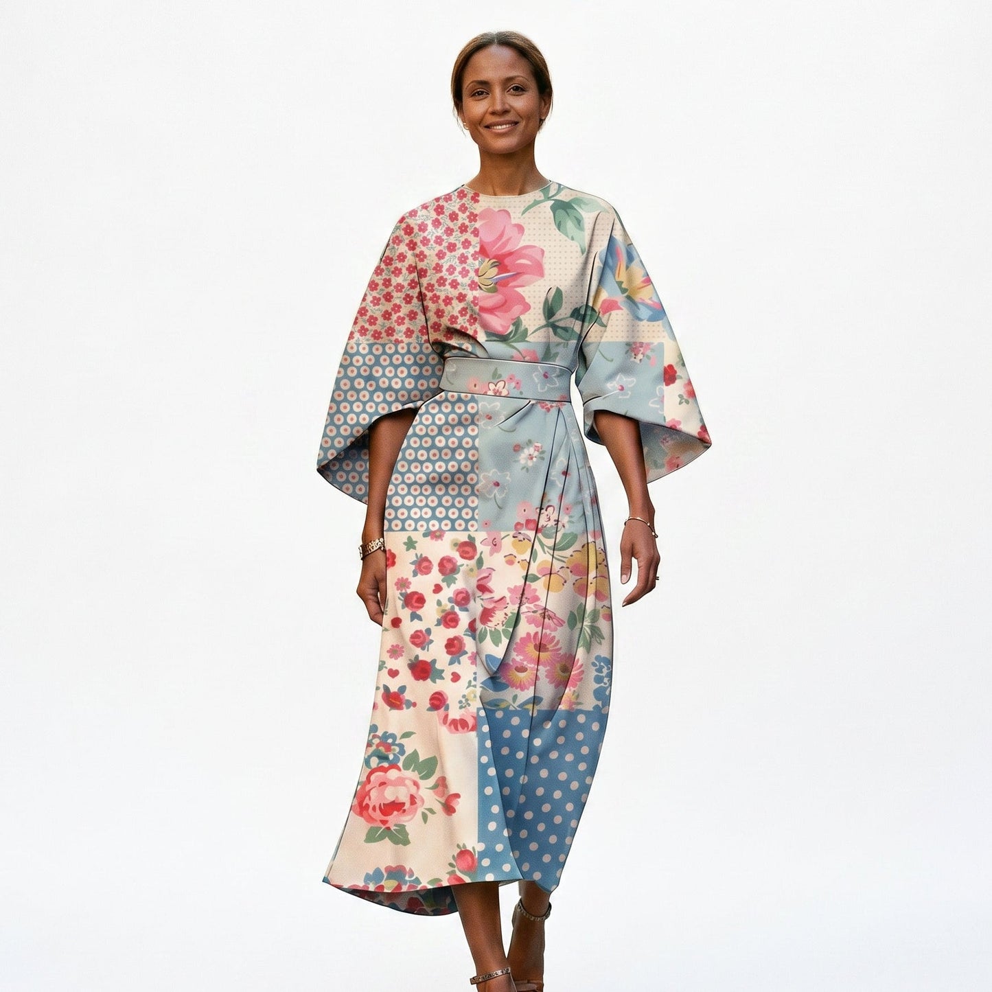 Maria - Elegant Floral Kimono Sleeve Midi Dress for Wedding Guests
