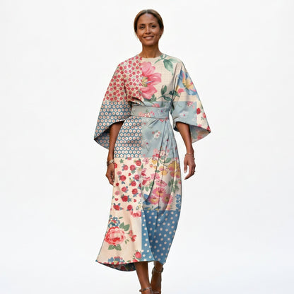 Maria - Elegant Floral Kimono Sleeve Midi Dress for Wedding Guests