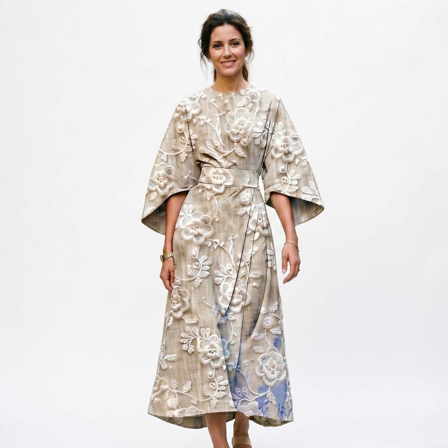 Maria - Elegant Floral Kimono Sleeve Midi Dress for Wedding Guests