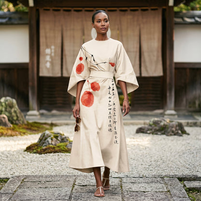 Maria - Elegant Floral Kimono Sleeve Midi Dress for Wedding Guests