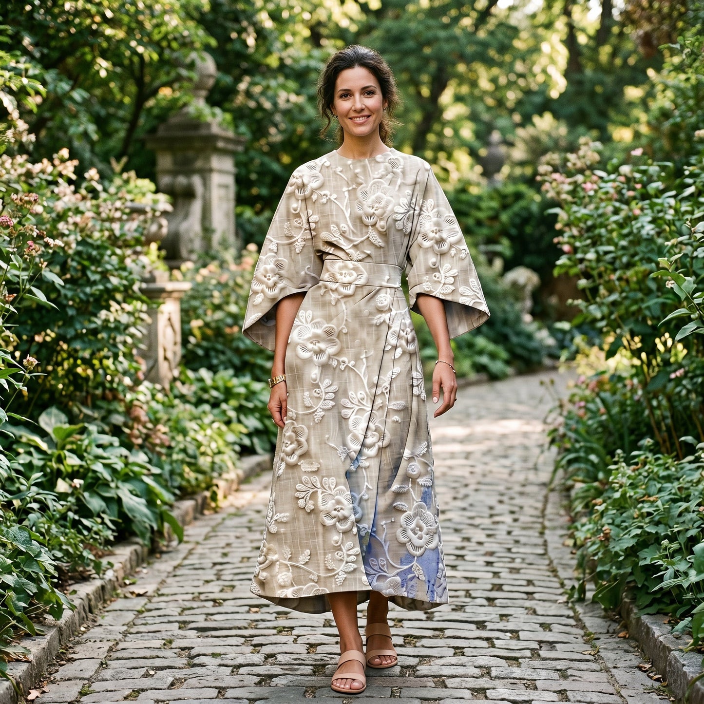 Maria - Elegant Floral Kimono Sleeve Midi Dress for Wedding Guests