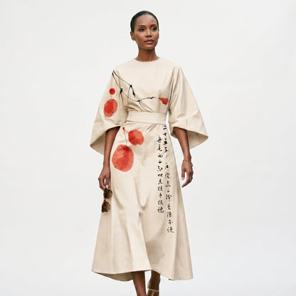 Maria - Elegant Floral Kimono Sleeve Midi Dress for Wedding Guests
