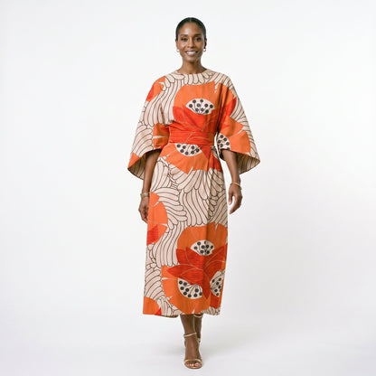 Maria - Elegant Floral Kimono Sleeve Midi Dress for Wedding Guests