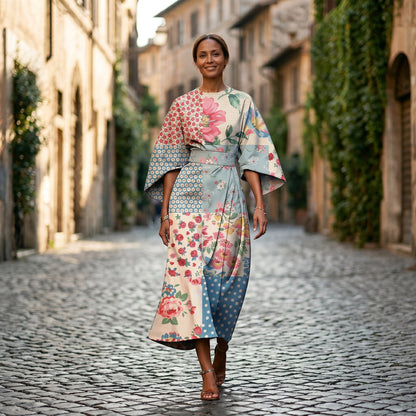 Maria - Elegant Floral Kimono Sleeve Midi Dress for Wedding Guests