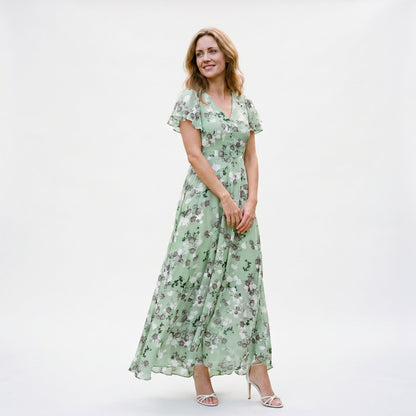 Vilma -  Romantic Peach Floral Summer Maxi Dress for Wedding Guests