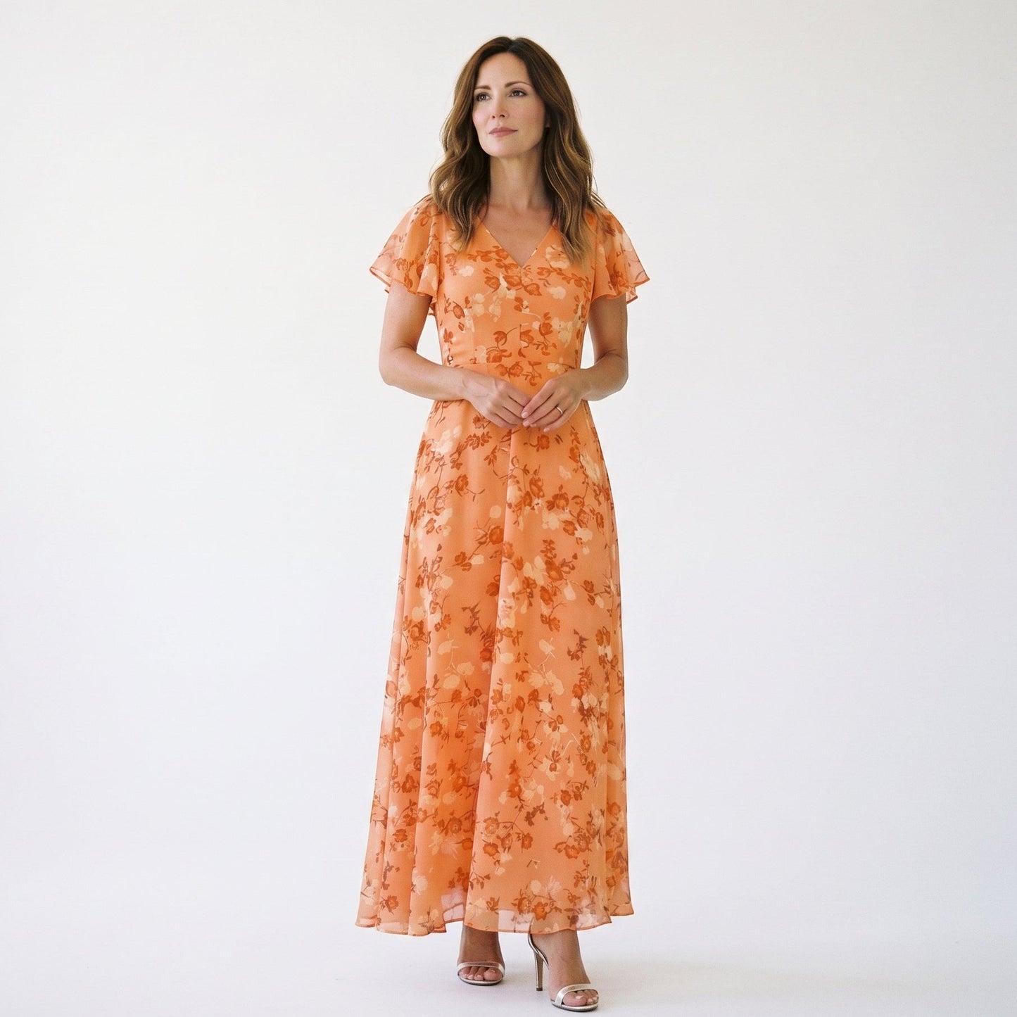 Vilma -  Romantic Peach Floral Summer Maxi Dress for Wedding Guests