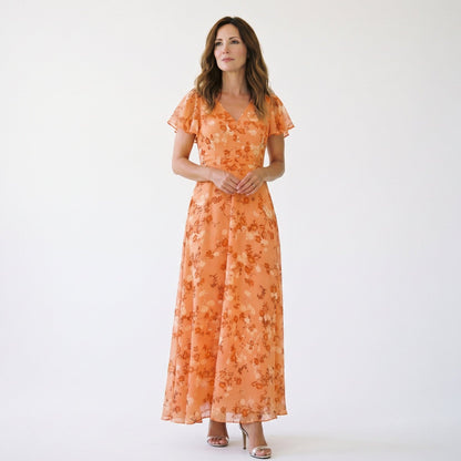 Vilma -  Romantic Peach Floral Summer Maxi Dress for Wedding Guests