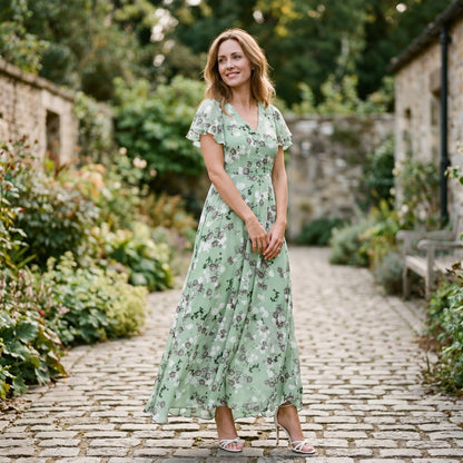 Vilma -  Romantic Peach Floral Summer Maxi Dress for Wedding Guests