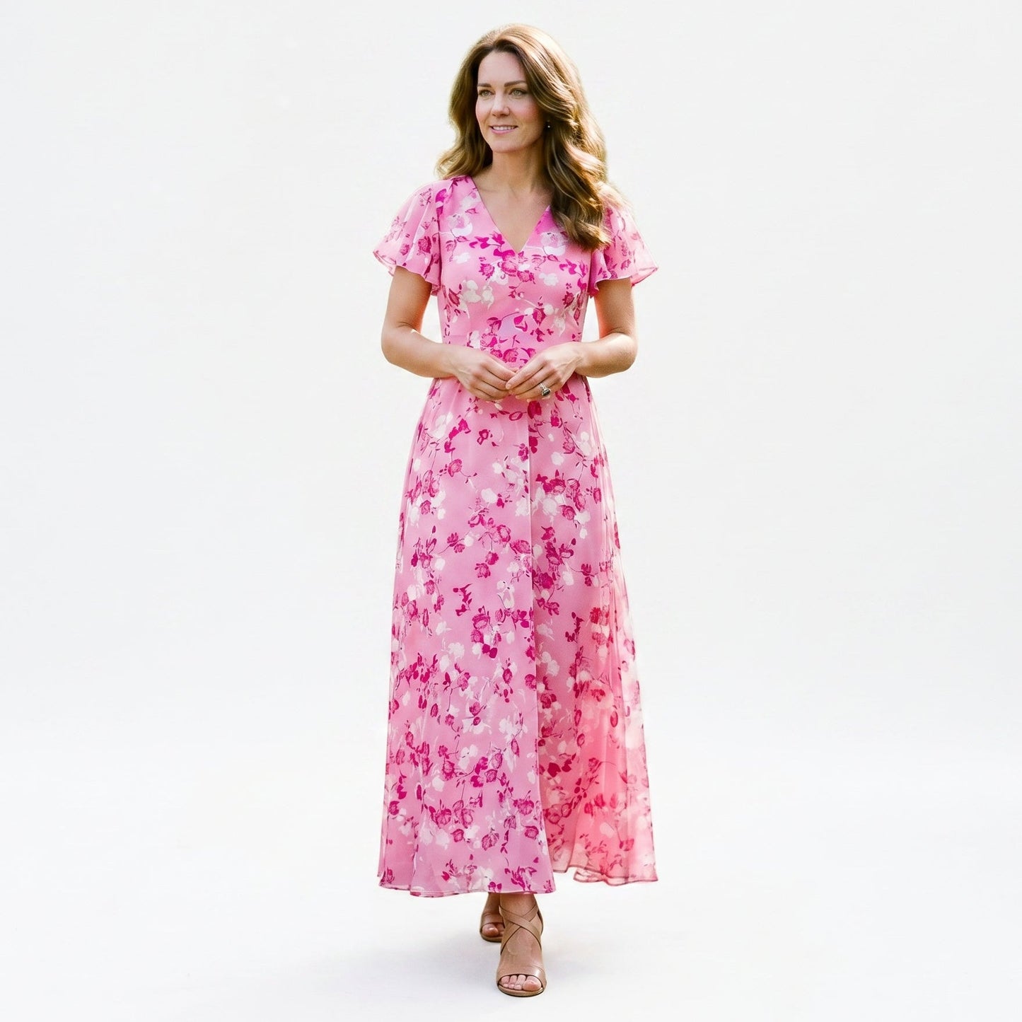 Vilma -  Romantic Peach Floral Summer Maxi Dress for Wedding Guests