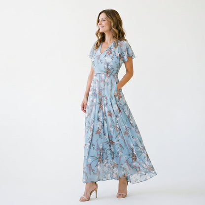 Vilma -  Romantic Peach Floral Summer Maxi Dress for Wedding Guests