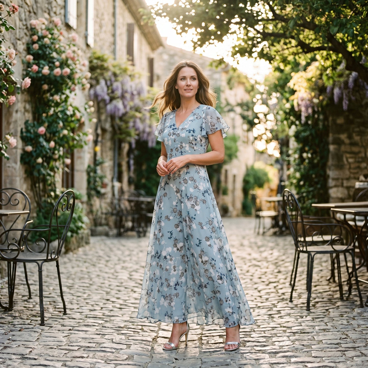 Vilma -  Romantic Peach Floral Summer Maxi Dress for Wedding Guests