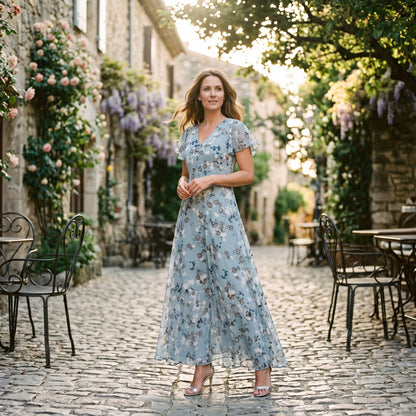 Vilma -  Romantic Peach Floral Summer Maxi Dress for Wedding Guests