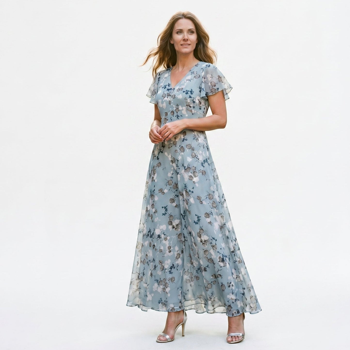 Vilma -  Romantic Peach Floral Summer Maxi Dress for Wedding Guests