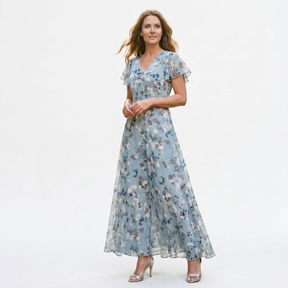 Vilma -  Romantic Peach Floral Summer Maxi Dress for Wedding Guests
