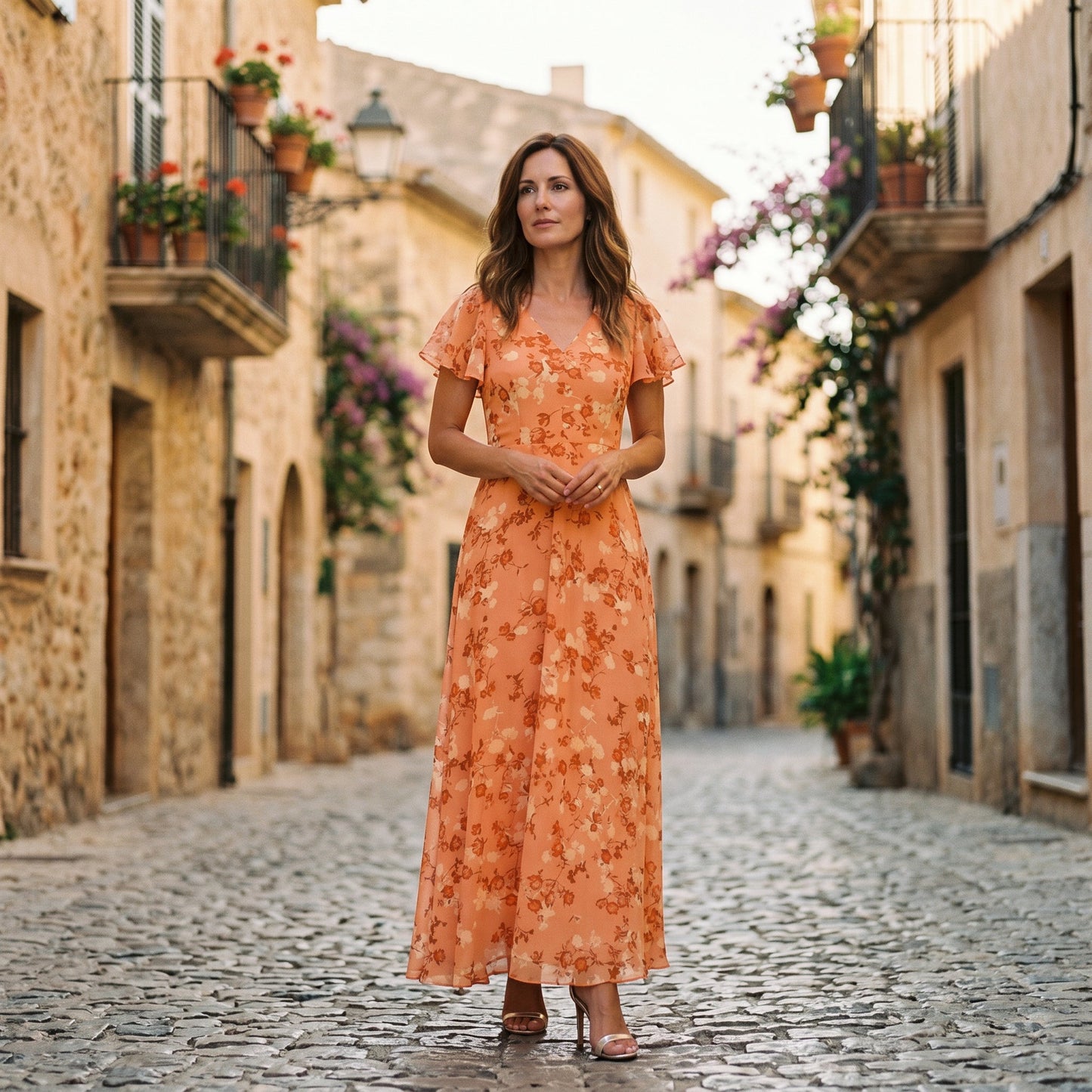 Vilma -  Romantic Peach Floral Summer Maxi Dress for Wedding Guests