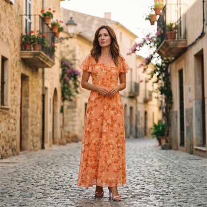 Vilma -  Romantic Peach Floral Summer Maxi Dress for Wedding Guests