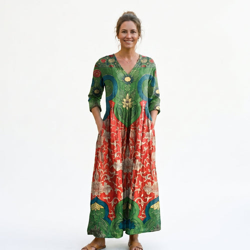 Demina - Vibrant Floral Maxi Dress for Women, Relaxed V-Neck Long Dress