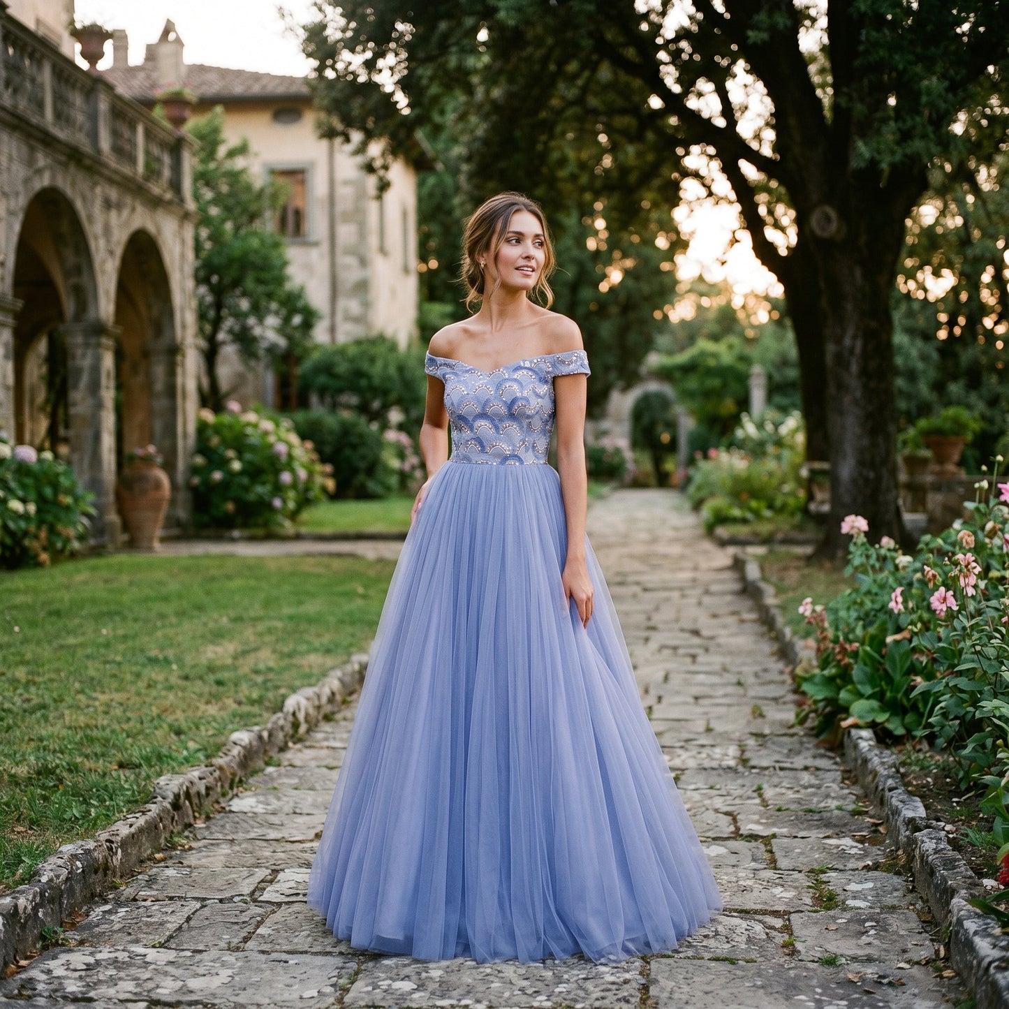 Natalia - Elegant Floral Off the Shoulder Formal Dress