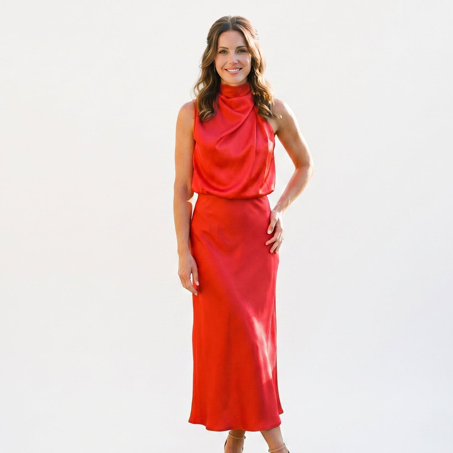 Olivia - Elegant Draped Summer Midi Dress for Weddings
