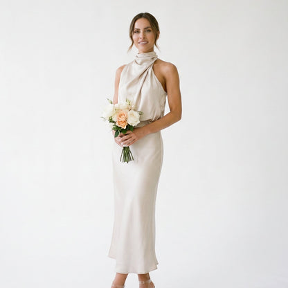 Olivia - Elegant Draped Summer Midi Dress for Weddings