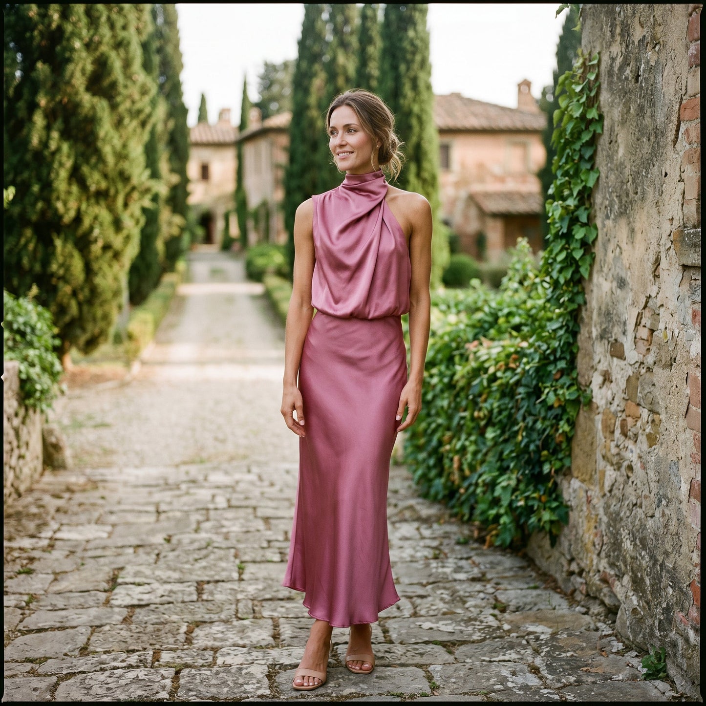 Olivia - Elegant Draped Summer Midi Dress for Weddings
