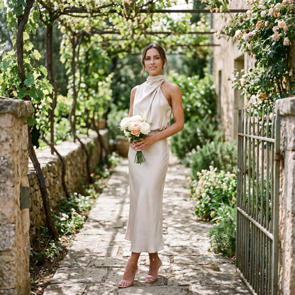 Olivia - Elegant Draped Summer Midi Dress for Weddings